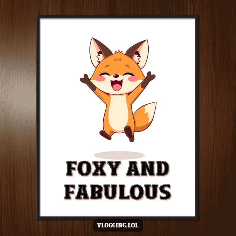 Funny Free Printable Wall Art: A joyful fox leaping dramatically for a vlogging intro, energetic and visually striking.