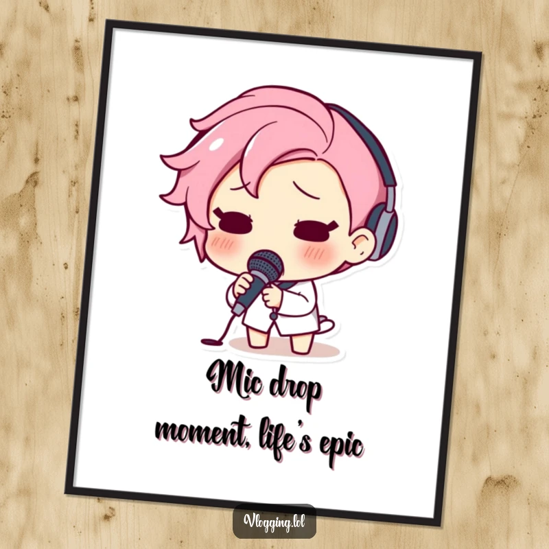 Funny Free Printable Wall Art: Surprised character in mid-shock stares wide-eyed, having just dropped a microphone with a comical gasp.