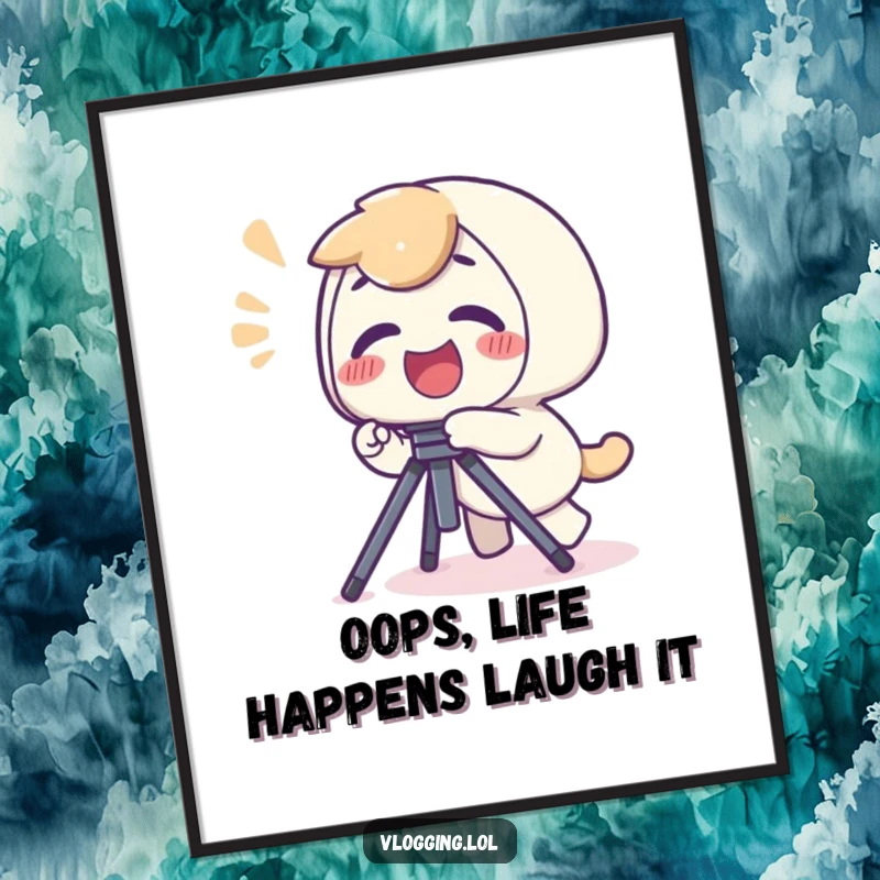 Funny Free Printable Wall Art: Giggling character hilariously trips over a tripod with a yelp, capturing a moment of pure, clumsy fun.