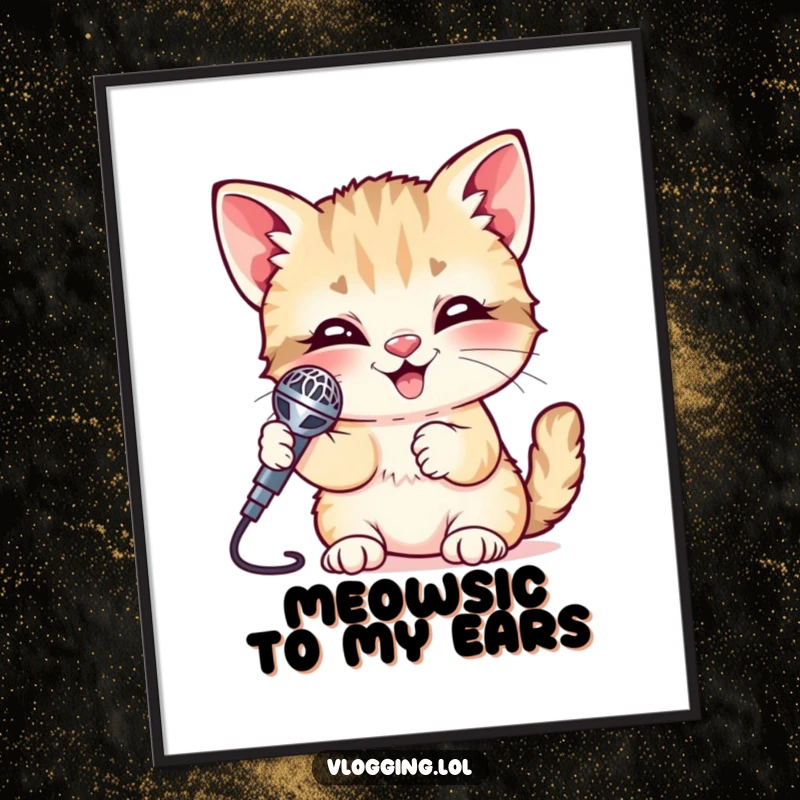 Funny Free Printable Giggling Kitten Microphone Wall Art: A cute kitten giggles while clutching a shiny microphone, full of musical joy.