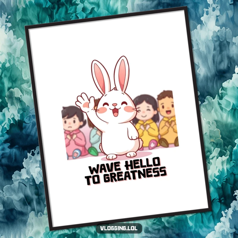 Funny Free Printable Wall Art: Cheerful rabbit waving enthusiastically, bringing a burst of joy and humor to any room.