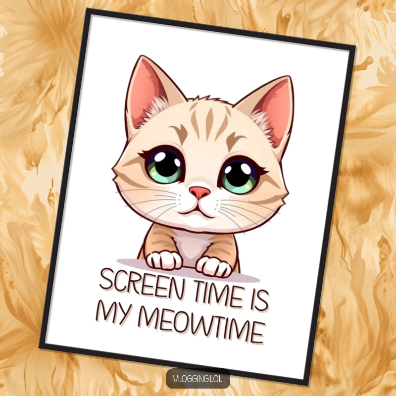 Funny Free Printable Wall Art: A curious cat with giant eyes locked onto a glowing computer screen.