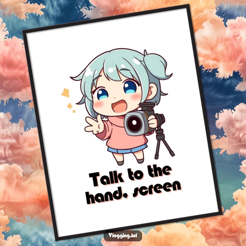 Funny Free Printable Wall Art of a character gesturing wildly while passionately speaking to a camera, ideal for creative spaces.