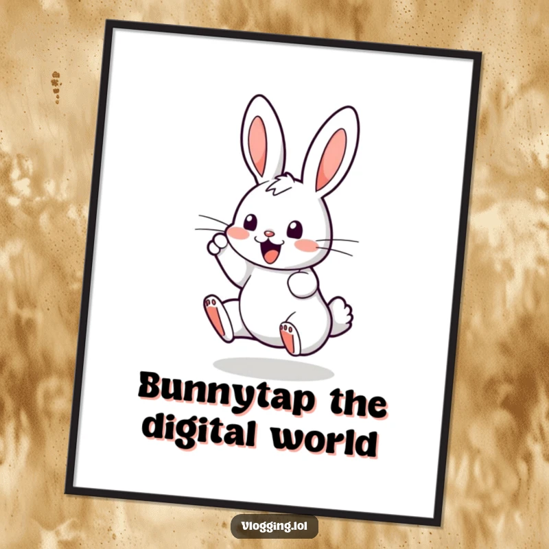 Funny Free Printable Wall Art: A joyful, bouncing bunny intensely tapping on a glowing digital screen with excitement and energy.