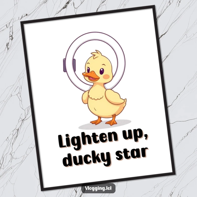 Funny free printable wall art of a wobbly duck hilariously balancing a ring light, creating a bright and humorous scene.