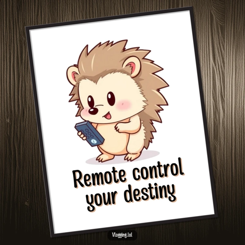 Funny free printable wall art of a curious hedgehog holding a small remote and pressing a button, adding a playful touch.
