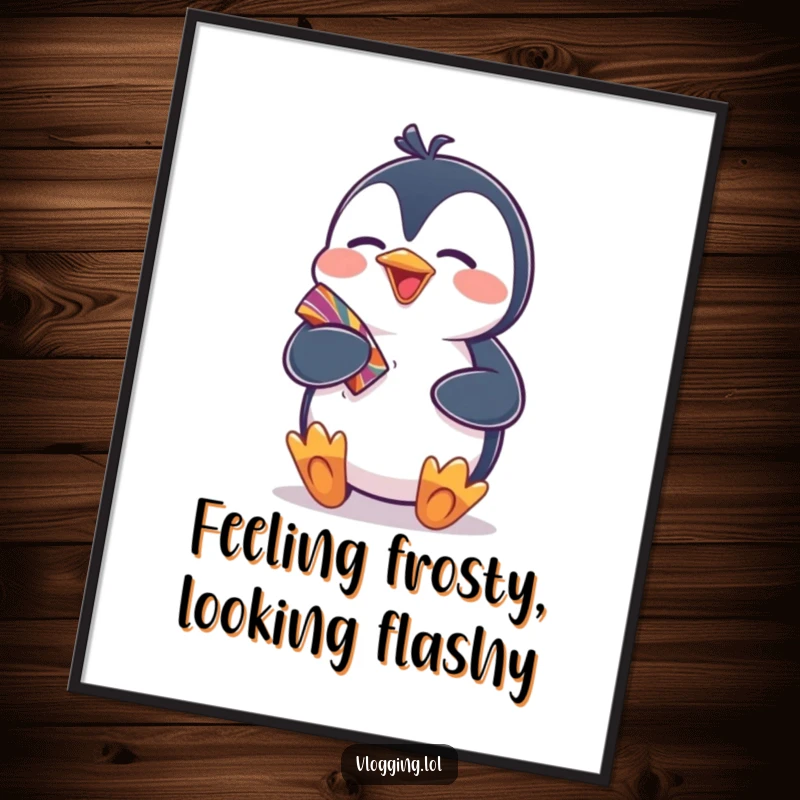 Funny free printable wall art: giggling penguin excitedly showing off a colorful, treasured item.