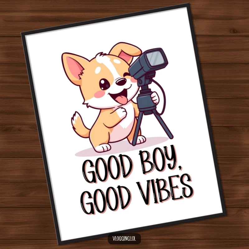 Funny Free Printable Dog Wall Art: Playful dog wagging tail while filming, a downloadable art print.