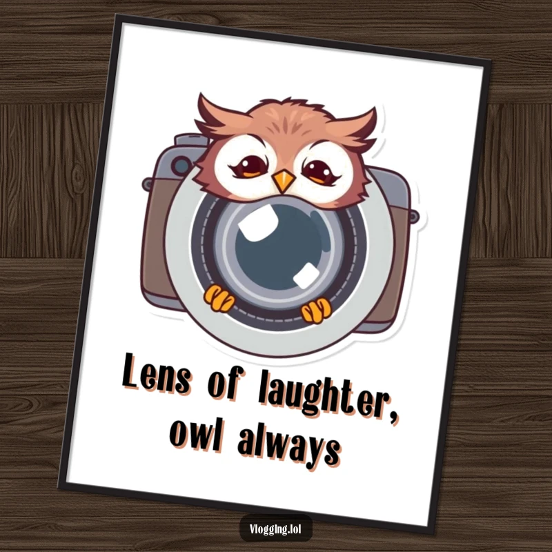 Funny free printable wall art of a giggling owl peeking from behind a large camera lens, capturing a moment of humor.