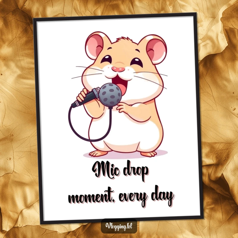 Funny free printable wall art: excited hamster holding a microphone, performing a song on stage.