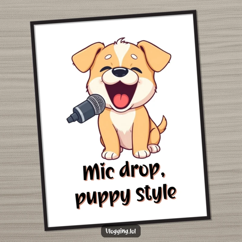 Funny free printable wall art: A playful cartoon puppy enthusiastically barking into a microphone, full of energy and joy.