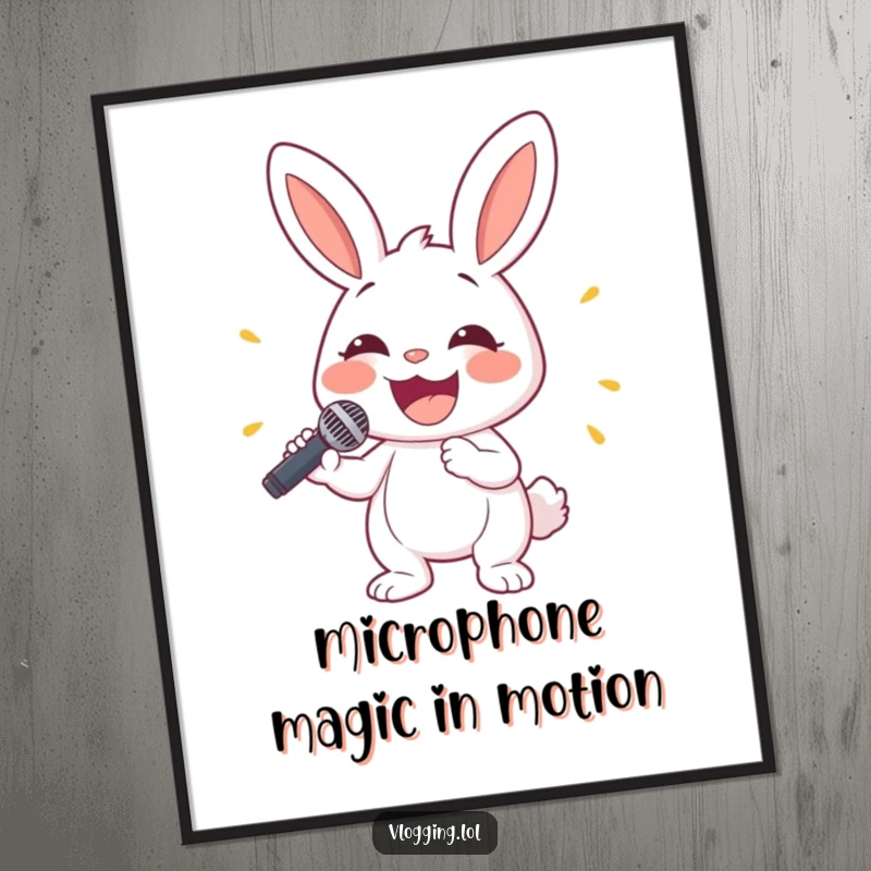 Funny free printable wall art: A vibrant cartoon bunny holding a microphone with a wide, delighted smile, ready to perform.