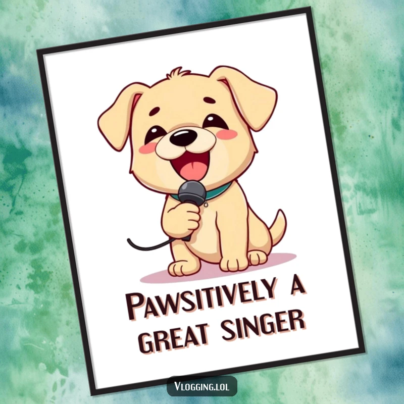 Funny Free Printable Wall Art: Delightful puppy holding a microphone, singing loudly with eyes closed, ready for the stage.