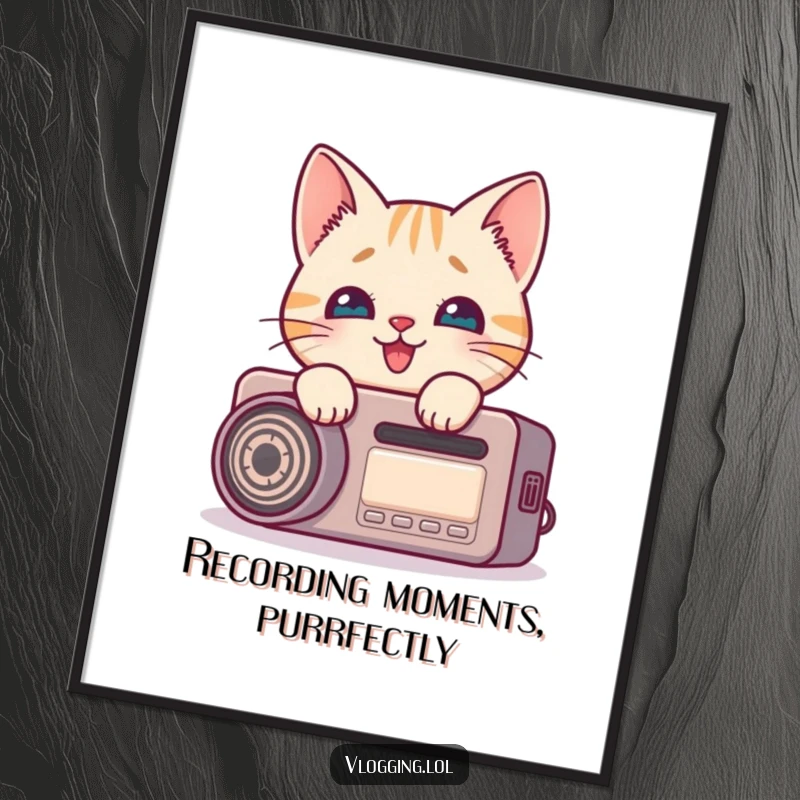 Funny free printable wall art: A cute cartoon cat curiously peeking around a recording device, its eyes wide with delight.