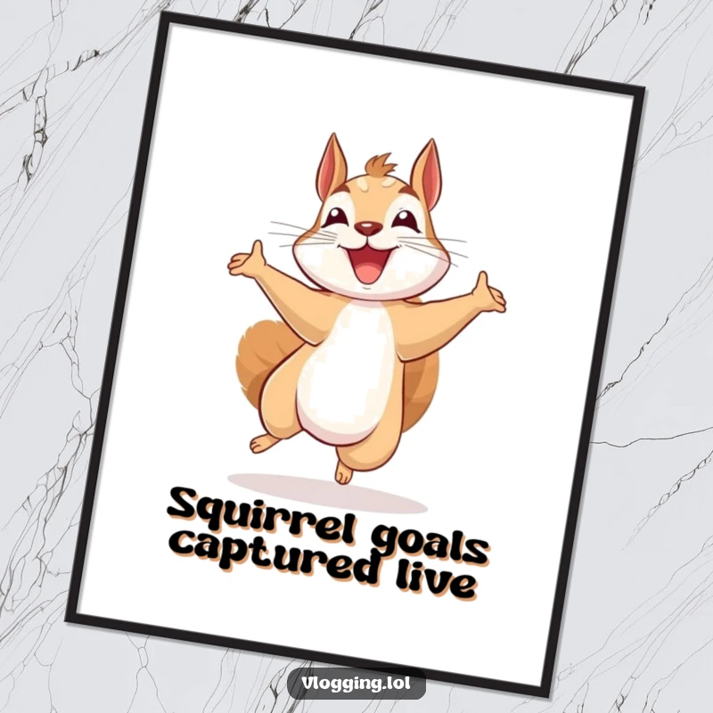 Funny free printable wall art of a beaming squirrel jumping with excitement while recording, capturing pure joy and energy.