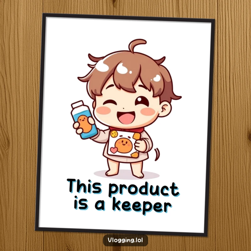 Funny Free Printable Wall Art: Cheerful Character with a Radiant Smile Actively Demonstrating a Product, Bringing Positivity