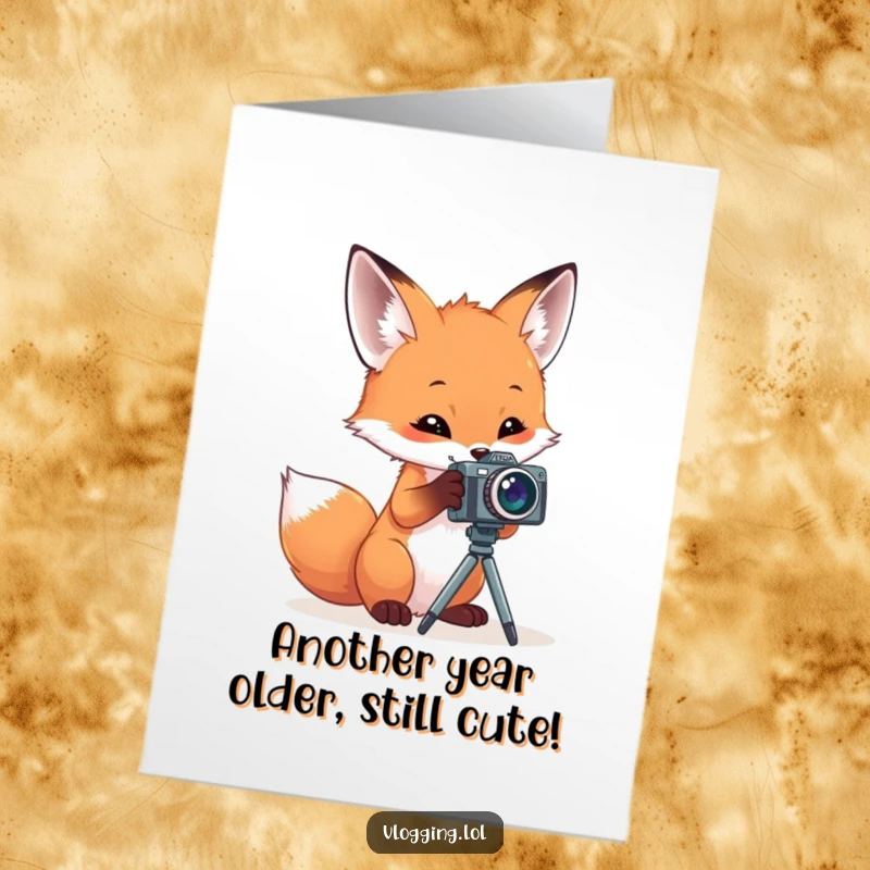 Funny Free Printable Birthday Card: Curious fox peeking through a camera lens, ready to capture the fun.