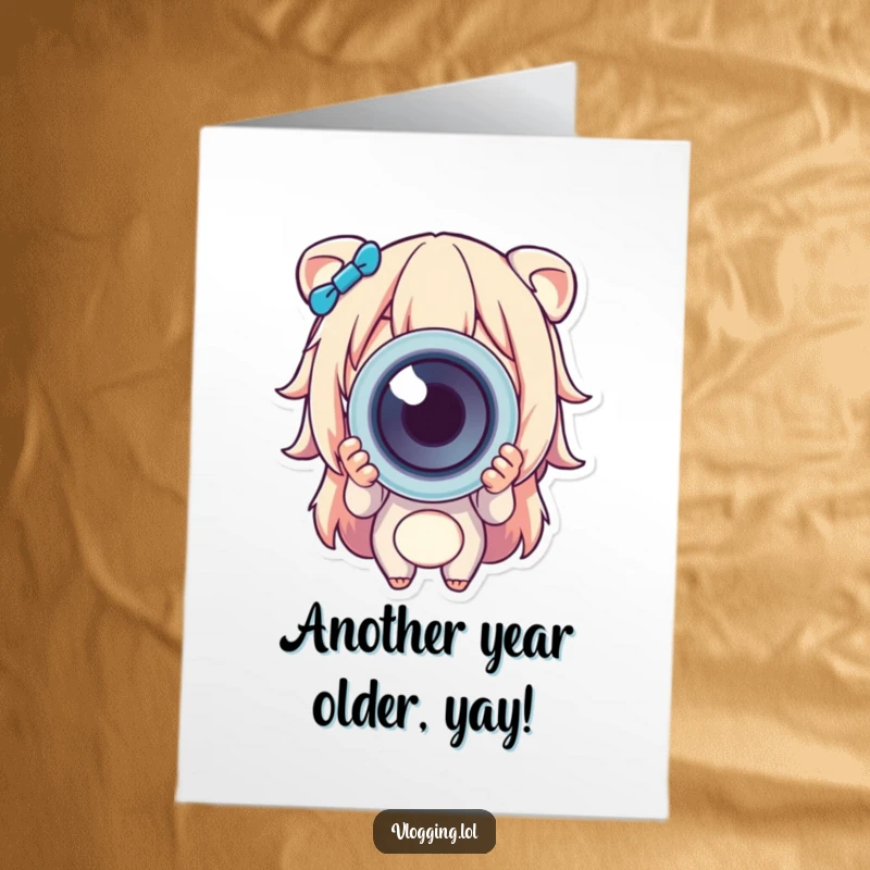 Funny Free Printable Birthday Card: Cheerful character beaming while presenting a brightly colored gift towards the viewer.