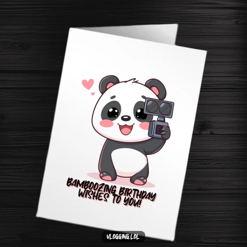 Funny Free Printable Birthday Card: A smiling panda enthusiastically talking into a video recorder, ready to share.