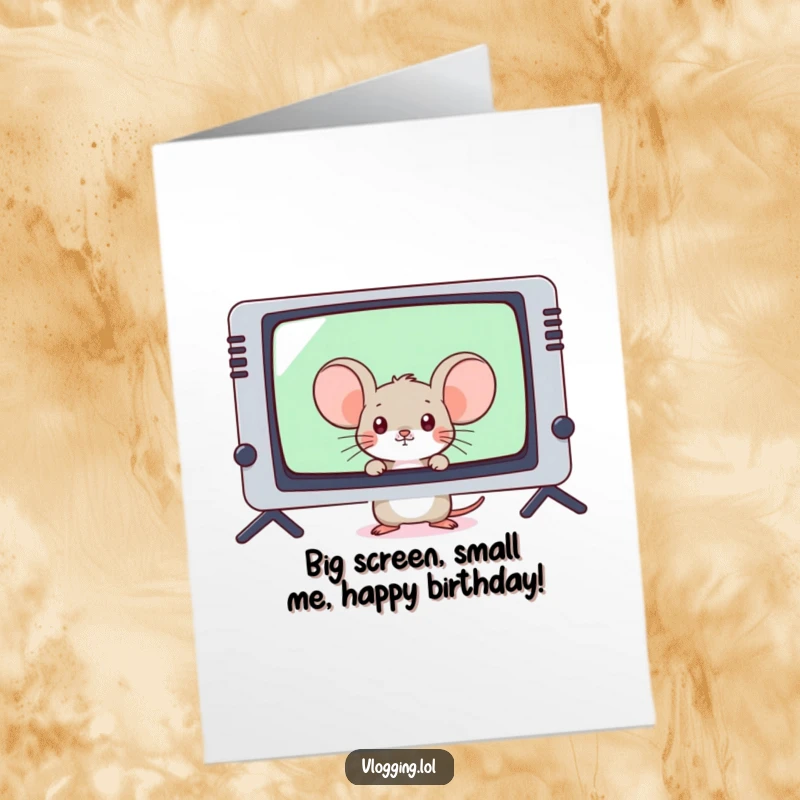 Funny Free Printable Birthday Card: Shy mouse gamer peeks from behind a giant screen, ready for cake and celebration.