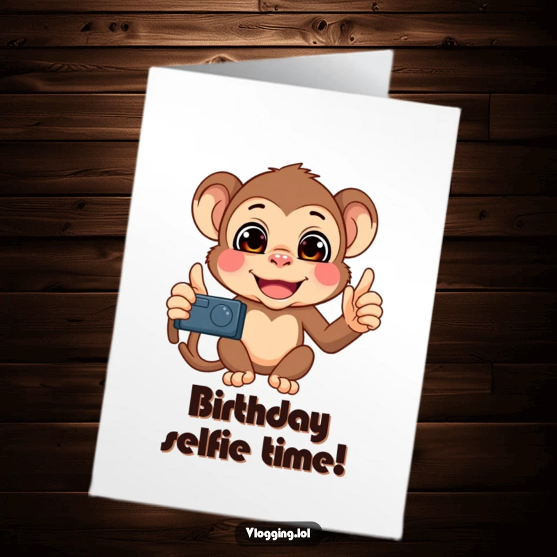 Funny Free Printable Birthday Card: Mischievous monkey making silly faces while filming itself with a phone, humorous selfie.