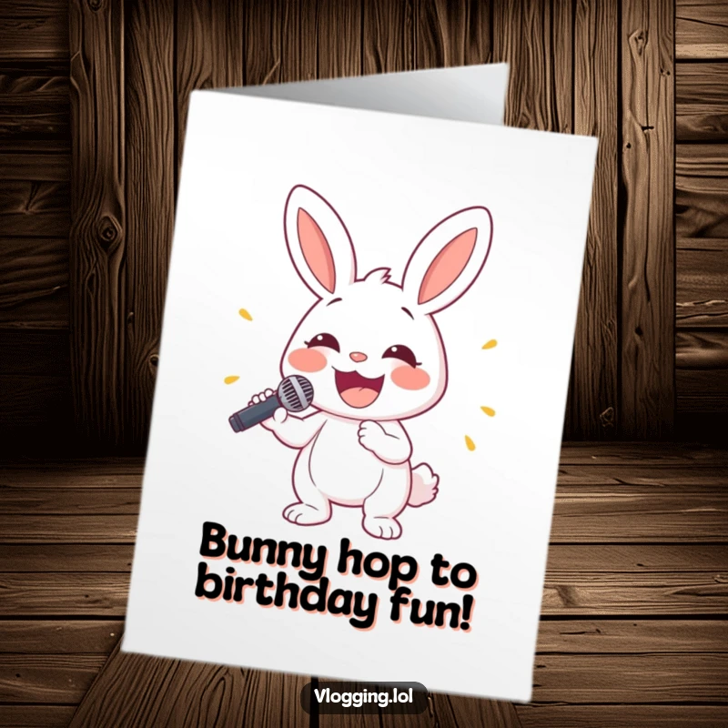 Funny free printable birthday card: A happy cartoon bunny holding a microphone, singing joyfully with a huge smile, ready to party.