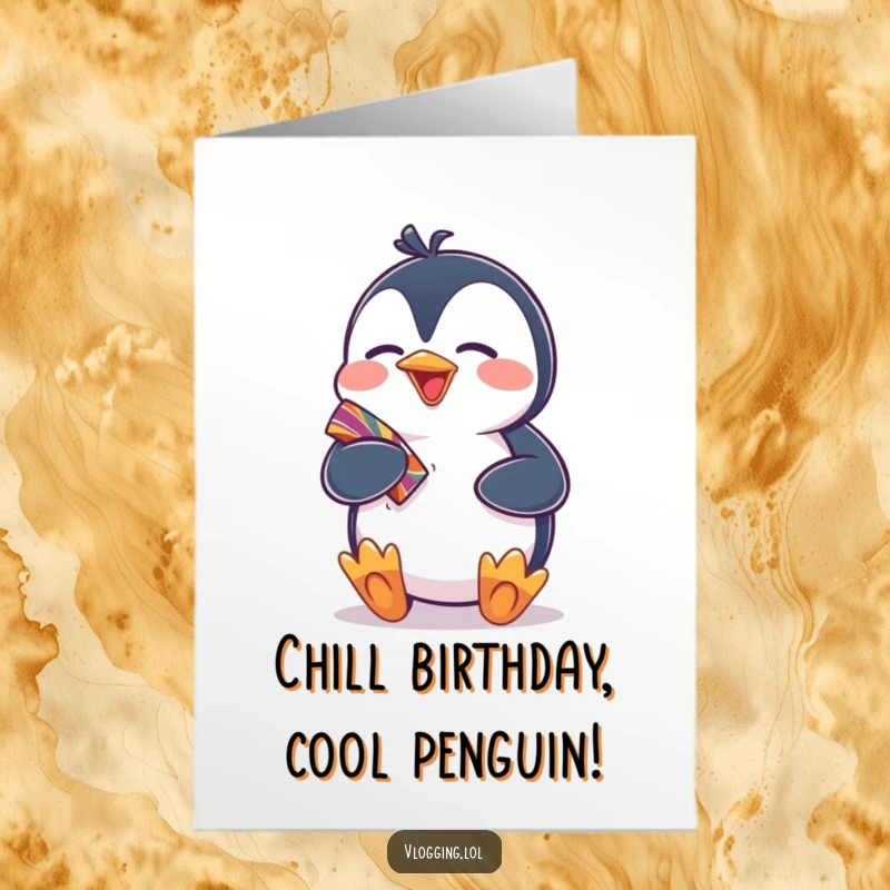 Funny free printable birthday card: giggling penguin excitedly showing off a vibrant, colorful gift.