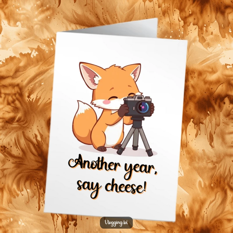 Funny Free Printable Birthday Card: Curious fox adjusting a small camera, ready to capture your birthday celebration in style.