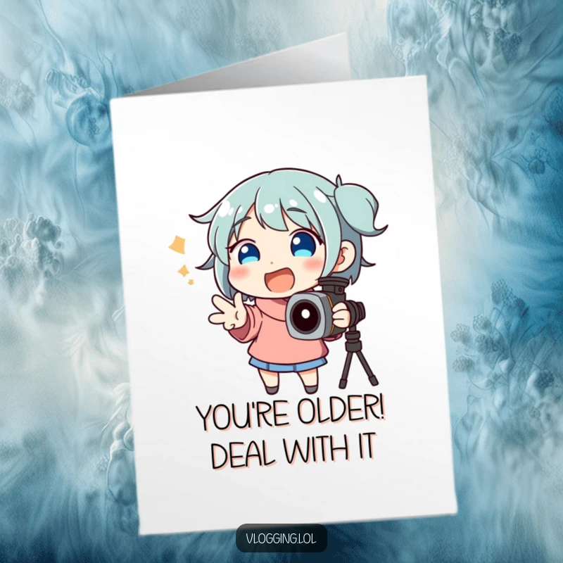 Funny Free Printable Birthday Card showing a manic character yelling excitedly at a camera, perfect for outgoing personalities.