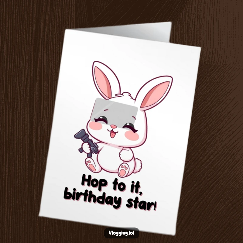 Funny Free Printable Birthday Card showing a cheerful rabbit intently editing a video with a computer.