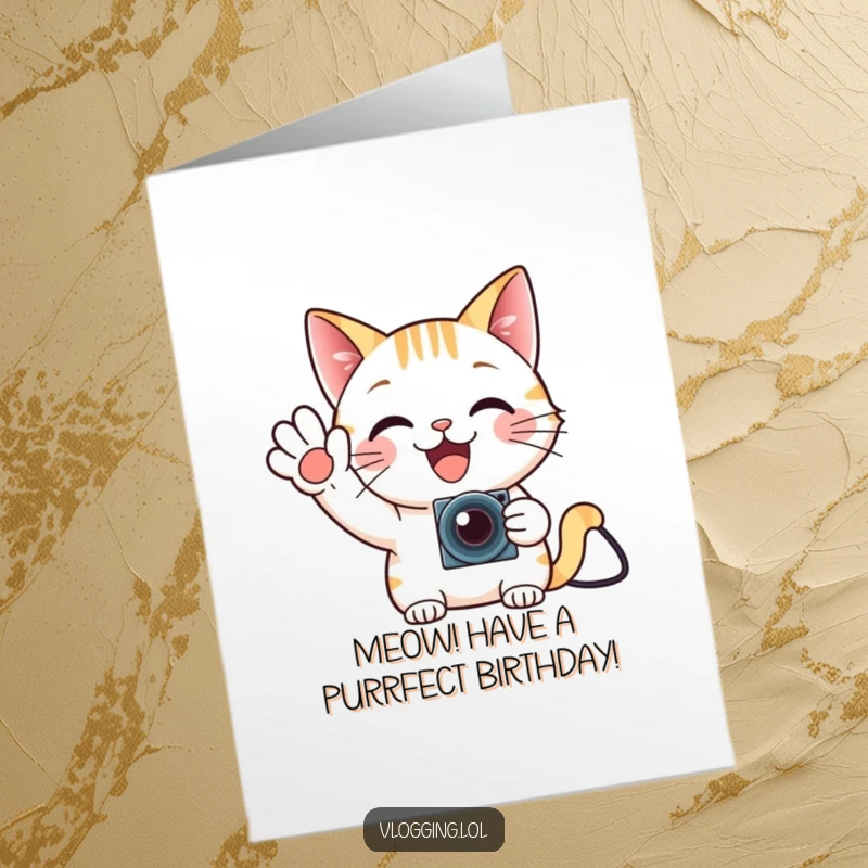 Funny Free Printable Birthday Card: Delighted cat waving enthusiastically at a tiny camera, celebrating a birthday.