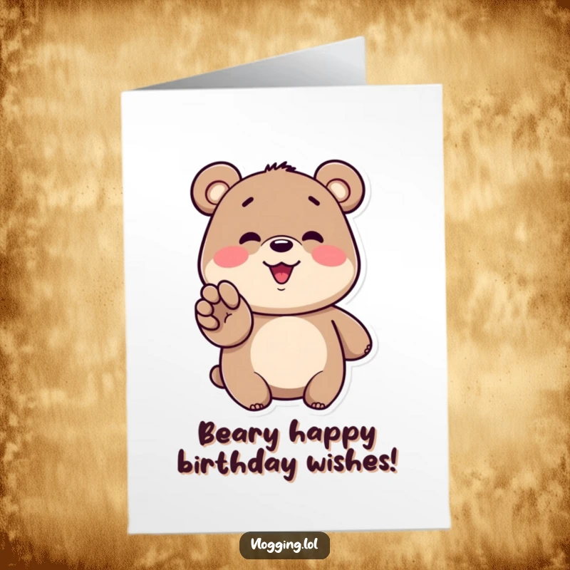 Funny free printable birthday card: A smiling cartoon bear gesturing enthusiastically towards a screen, sharing exciting news.