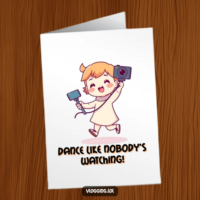 Funny Free Printable Birthday Card: Character doing a silly dance with a selfie stick, celebrating with cameras.
