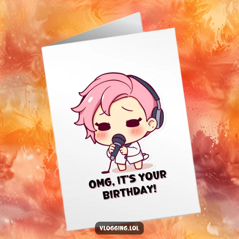 Funny Free Printable Birthday Card: Surprised character drops a microphone in utter shock, mid-sentence, creating a comical moment.