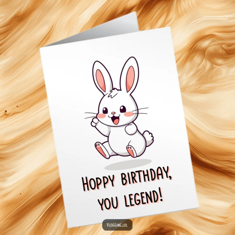 Funny Free Printable Birthday Card: A cheerful bunny enthusiastically tapping on a digital screen, full of energy for a birthday.