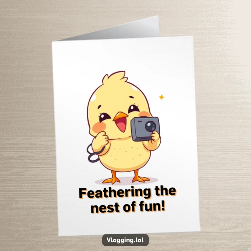 Funny Free Printable Birthday Card: A delighted chick films a video with a tiny camcorder, ready for laughs.