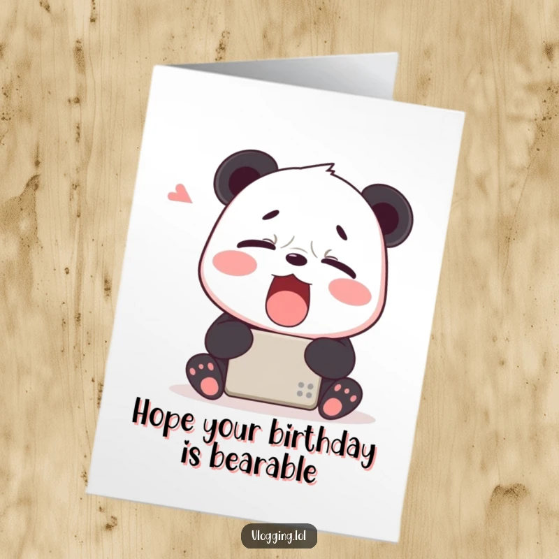 Funny Free Printable Birthday Card: A very tired panda yawning widely while staring at a glowing device screen, perfect for a cozy birthday.