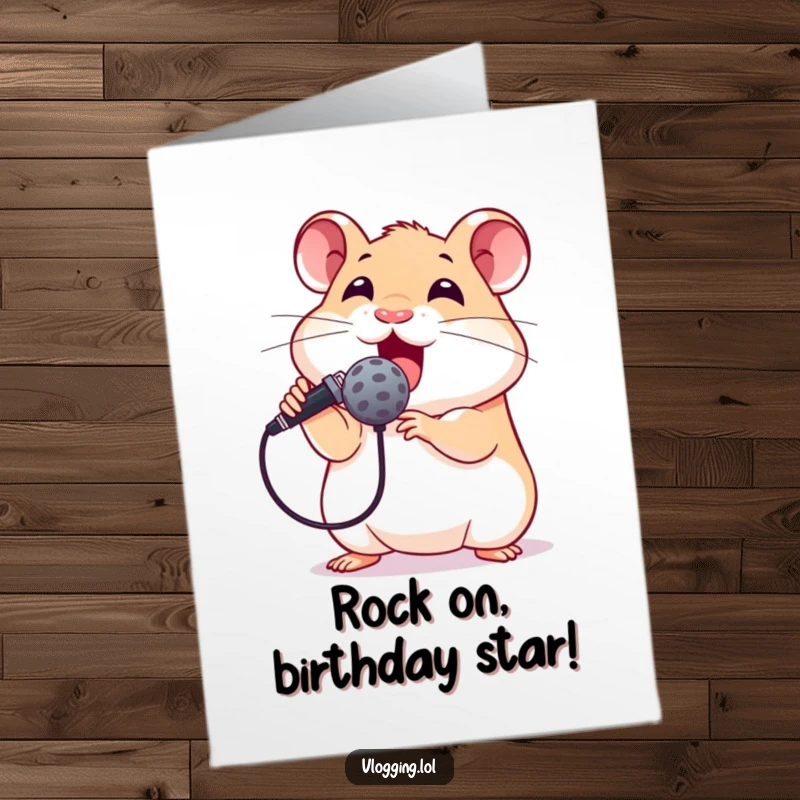 Funny free printable birthday card: excited hamster rockstar holding microphone, ready to sing Happy Birthday.
