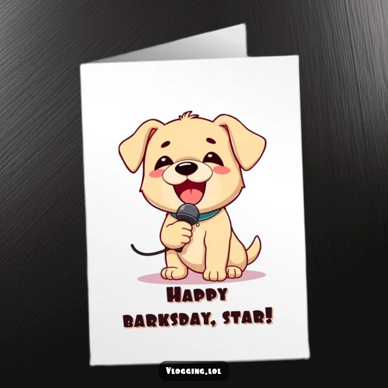 Funny Free Printable Birthday Card: Delightful puppy holding a microphone, singing its heart out with a joyful expression.