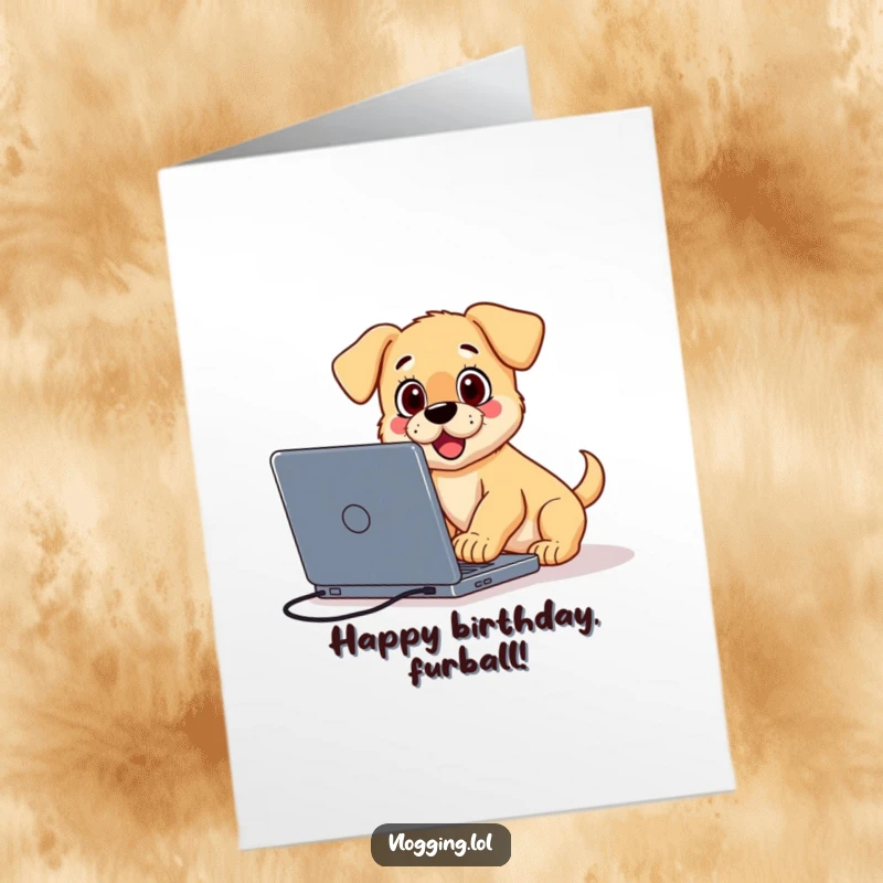 Funny Free Printable Birthday Card: A surprised puppy tripping over a laptop while vlogging, perfect for gamer birthdays.