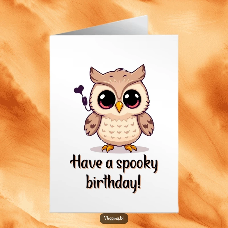 Funny Free Printable Birthday Card: Joyful owl with wide eyes intently records a spooky sound, perfect for a Halloween birthday.