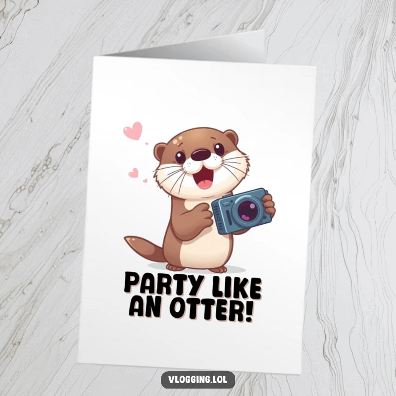 Funny free printable birthday card: playful otter gesturing wildly while talking enthusiastically to a camera.
