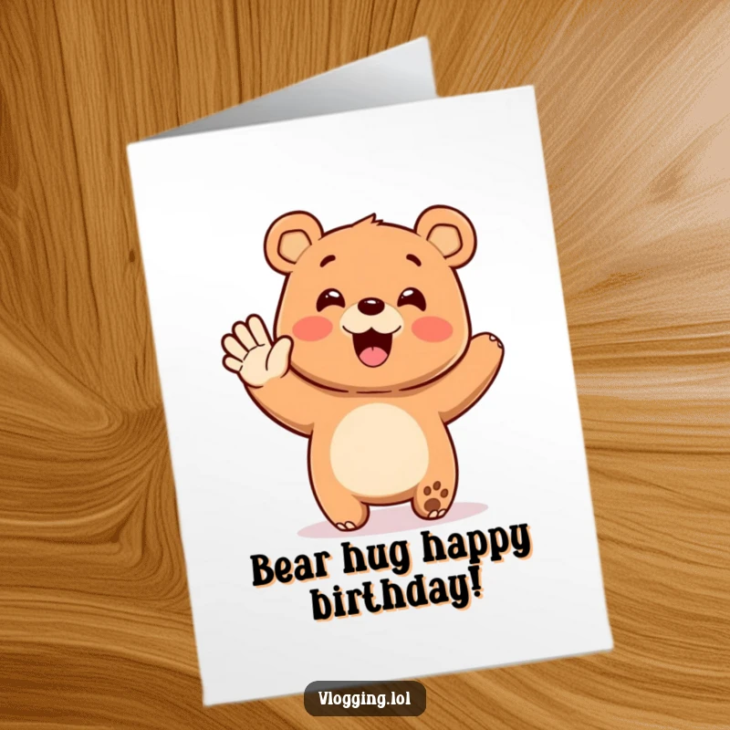 Funny free printable birthday card: happy bear waving enthusiastically at an unseen audience, sending birthday greetings.