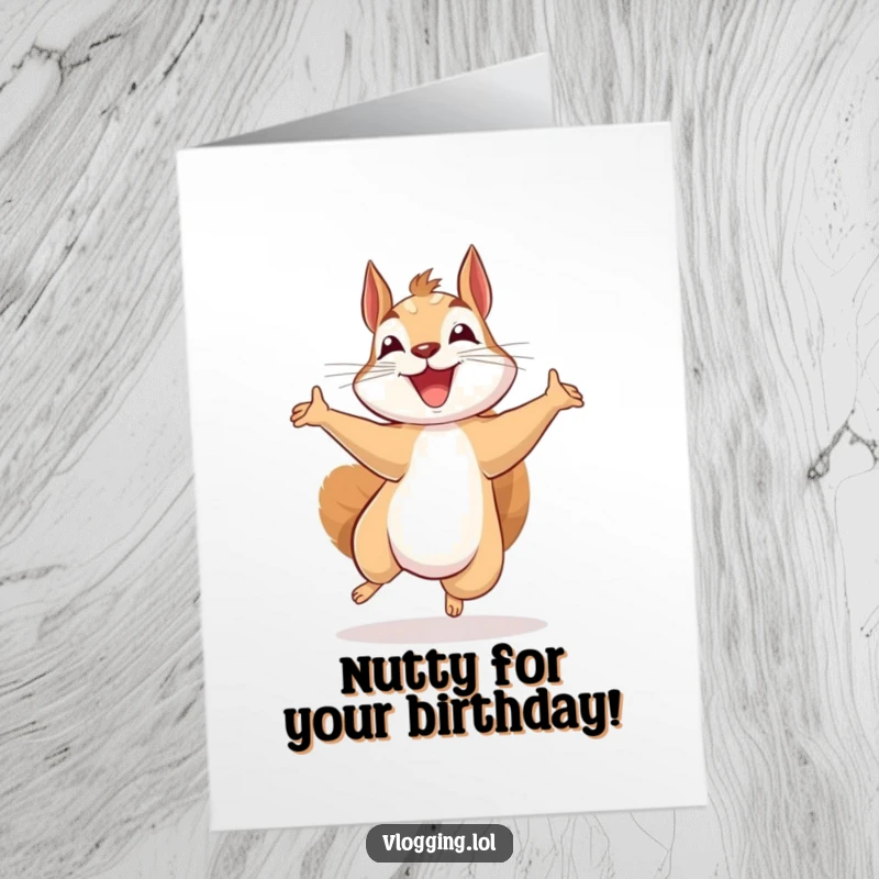 Funny free printable birthday card showing a beaming squirrel jumping excitedly while holding a recording device, full of energy.
