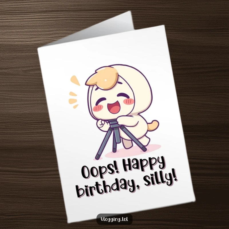 Funny Free Printable Birthday Card: Giggling character hilariously trips over a tripod, letting out a playful yelp mid-fall.