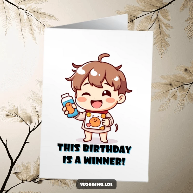 Funny Free Printable Birthday Card: Cheerful Character Enthusiastically Demonstrating a Product with a Wide, Joyful Smile