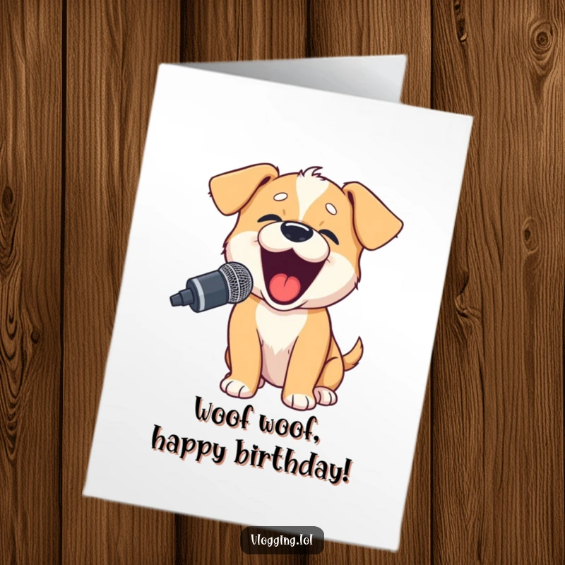 Funny free printable birthday card: A playful cartoon puppy barking excitedly into a microphone, ready to celebrate.