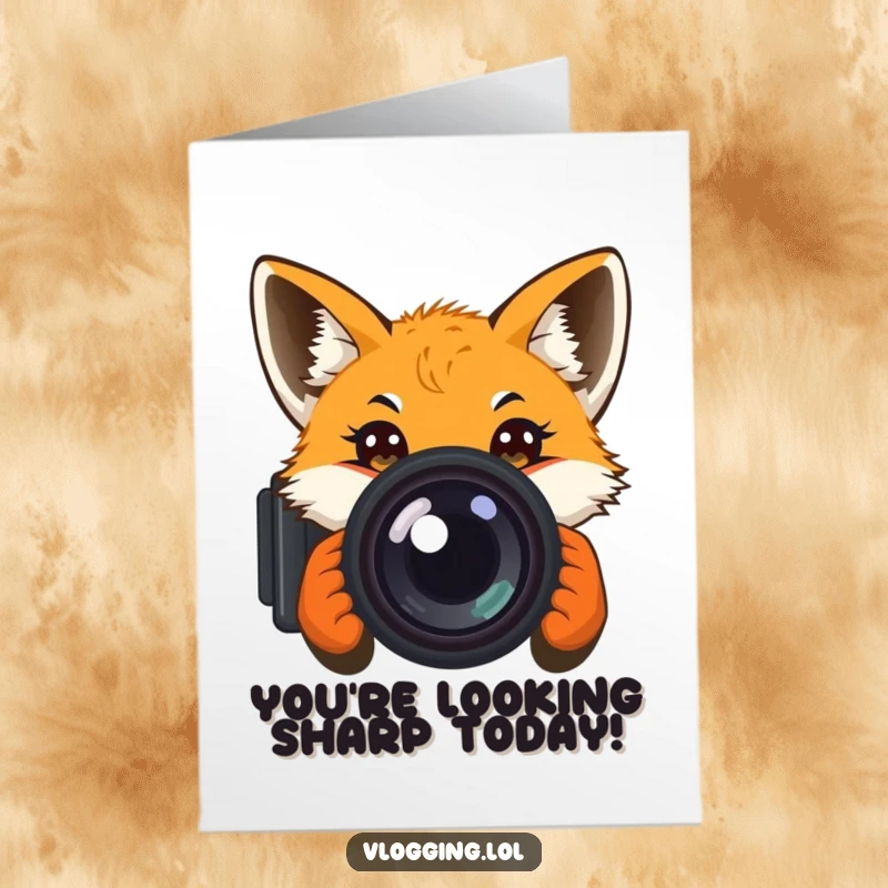 Funny Free Printable Birthday Card: Curious fox with wide eyes peeking directly into the camera lens, full of innocent mischief.
