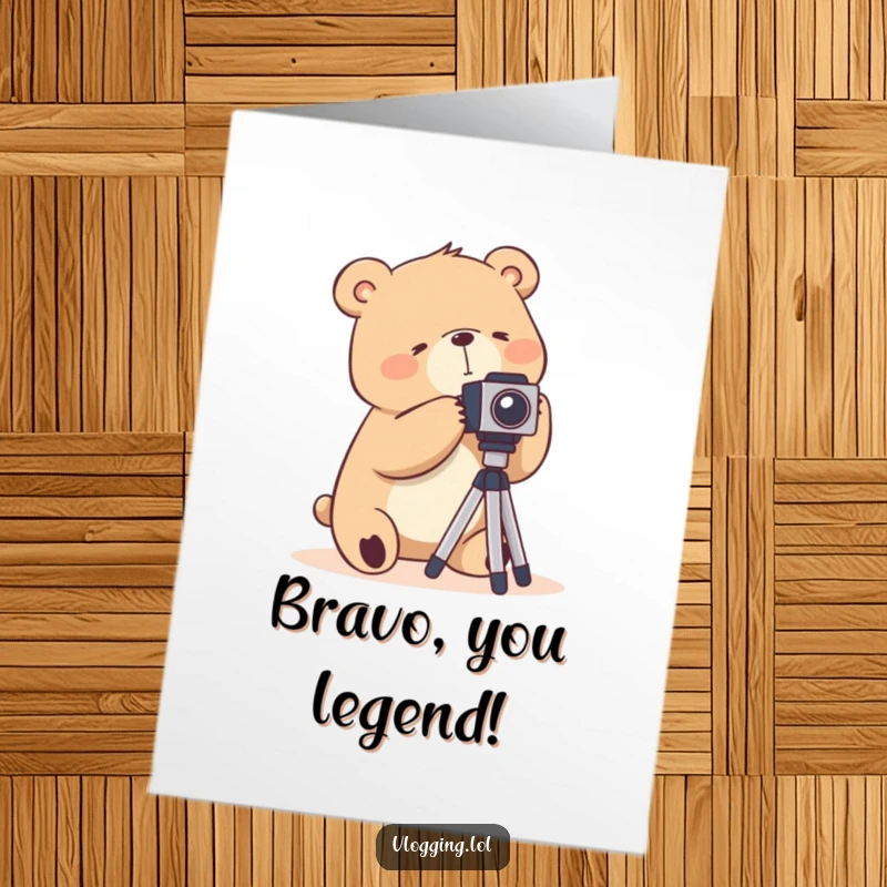 Funny Free Printable Congratulations Card: A bear awkwardly fumbling with a camera tripod, celebrating photography success.