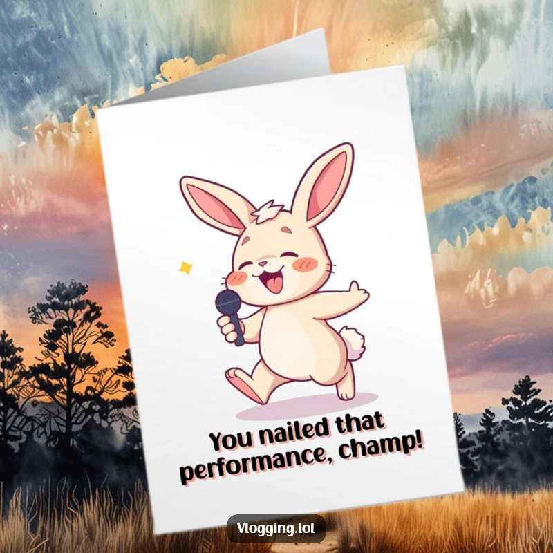 Funny Free Printable Congratulations Card of a playful bunny tripping with a microphone, laughing during a performance.